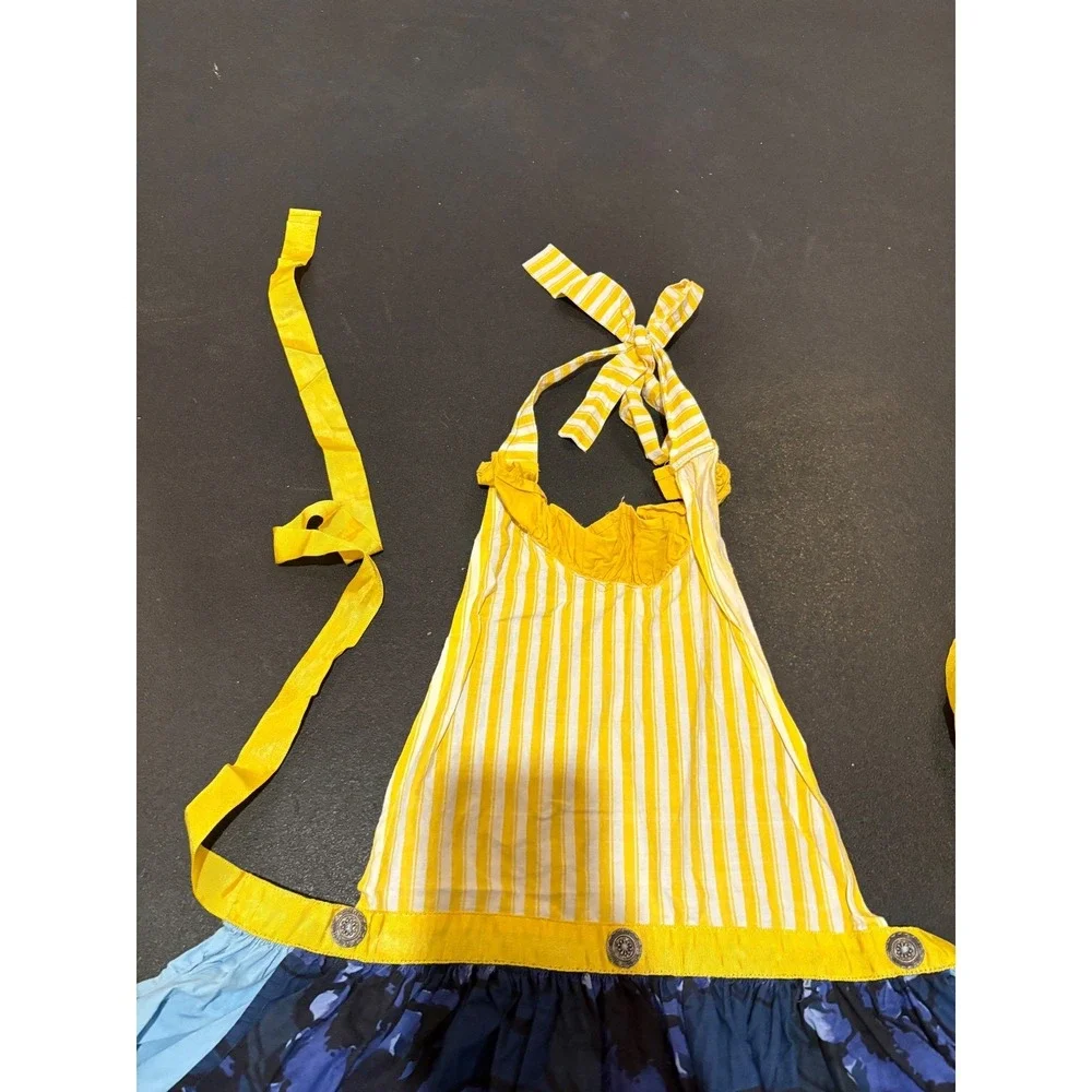 Sur La‎ Table Floral Striped Cotton Apron Blue Yellow Pom Pom Trim 2 Pockets
